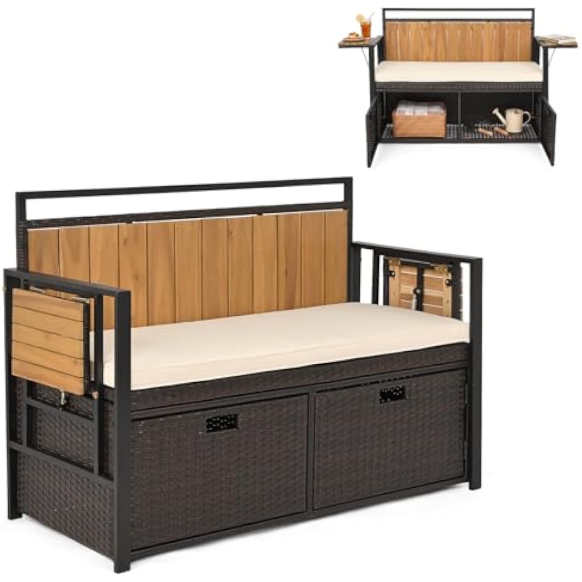 Garden Storage Box - Außen-Lagerhocker mit 2 klappbaren Beistelltischen und