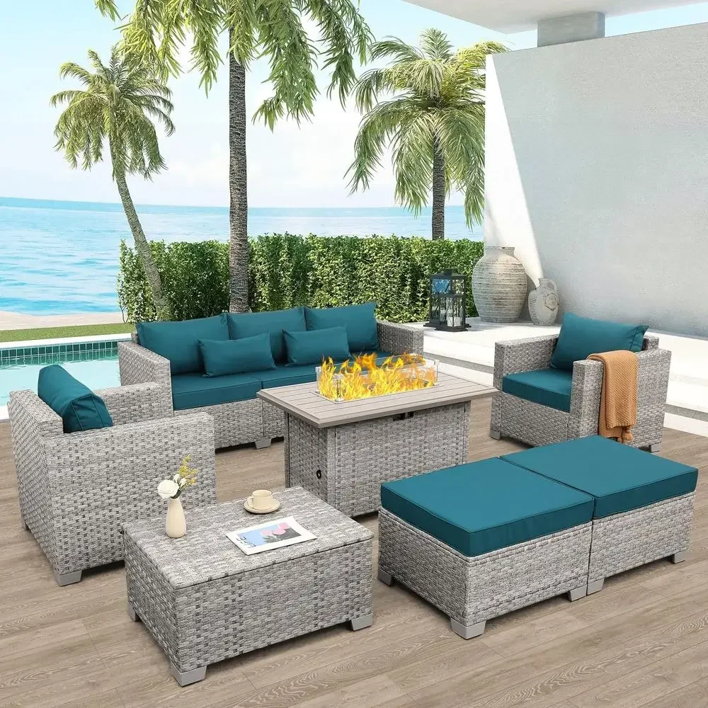 Outdoor Furniture With Fire Pit - 6-teiliges Gartenmöbel-Set aus grauem Rattan für